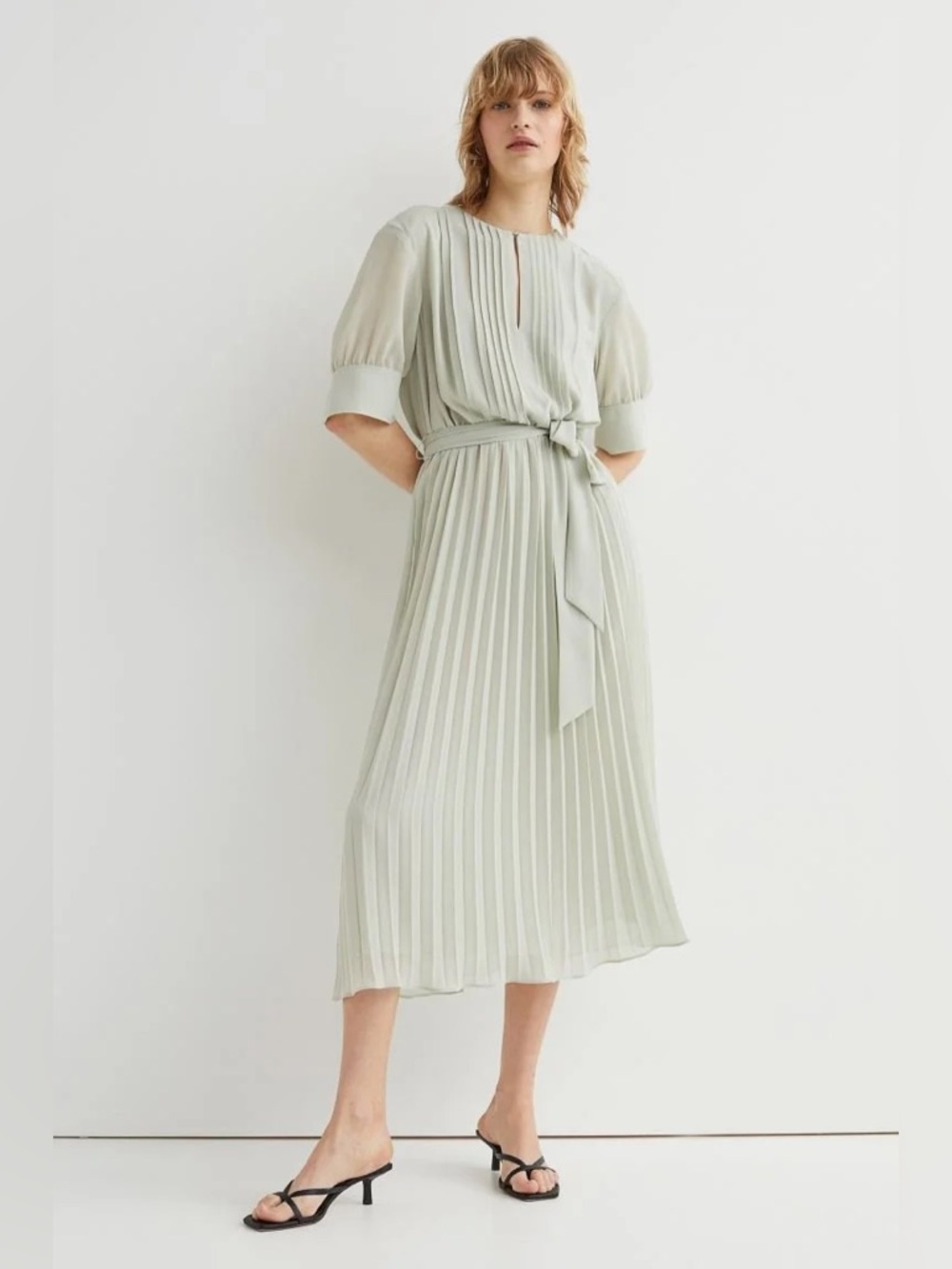 H&M Sage Green Pleated Maxi Dress with Tie Belt